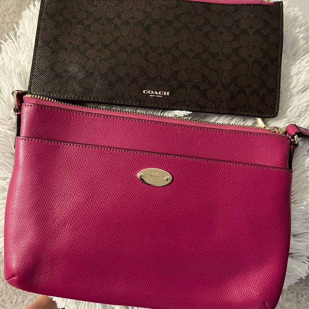 Hot pink and chocolate brown Coach adjustable convertible bag